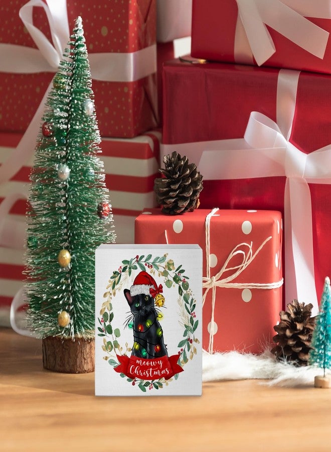 Nvotell Christmas Black Cat Signs - Merry Meowy Christmas Wooden Box Table Signs, Black Cat Christmas Gifts for Women Men Cat Lovers, Christmas Cat Decorations, 5x5 Inch - Image 2